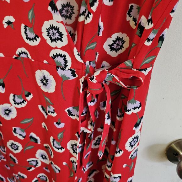 J.‎ Crew Dress 8 Wrap Day Red Floral Poppy Print Short Sleeve Tie Belted Boho - Picture 8 of 10